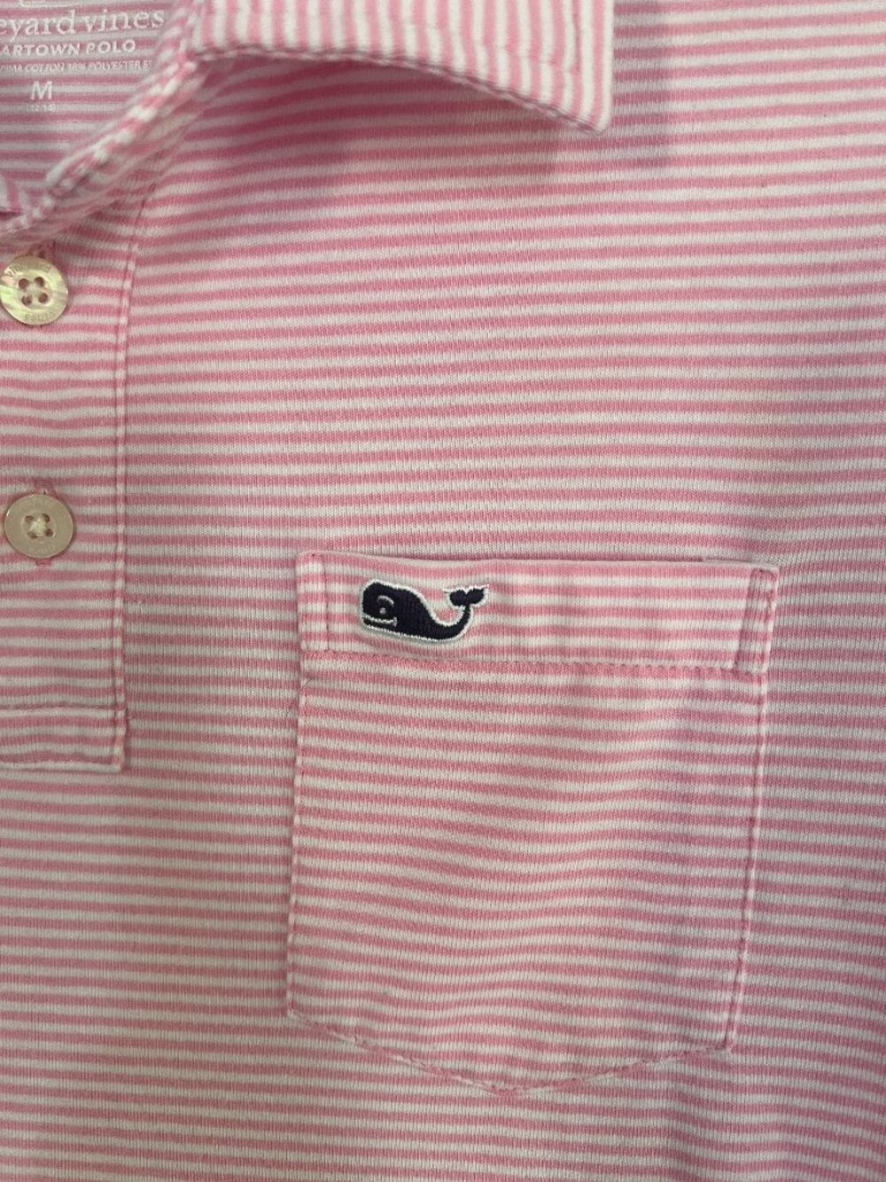 Vineyard Vines Boys Medium Edgartown Polo Pink White Stripe Whale Pocket